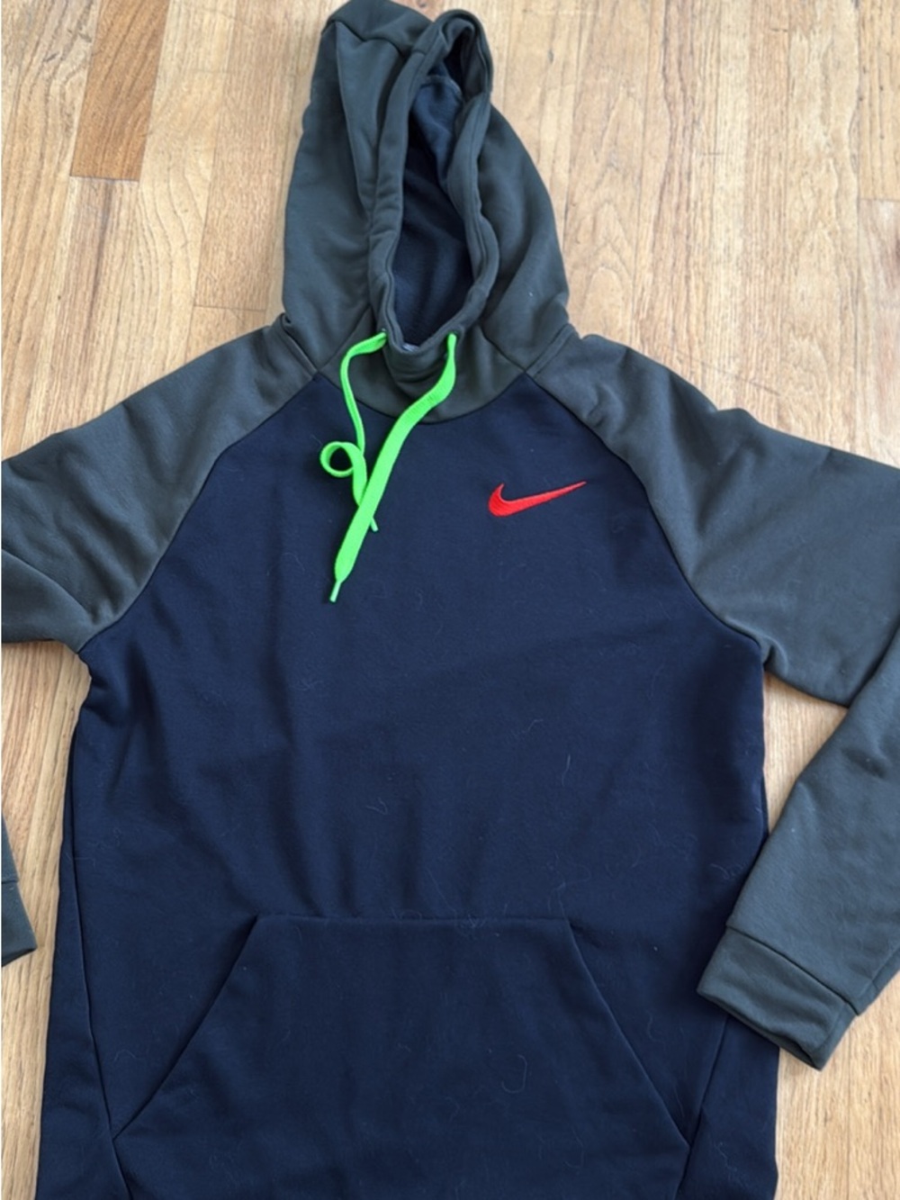 Nike Navy & Charcoal Hooded Pullover with Red Swoosh and Neon Green Drawcord